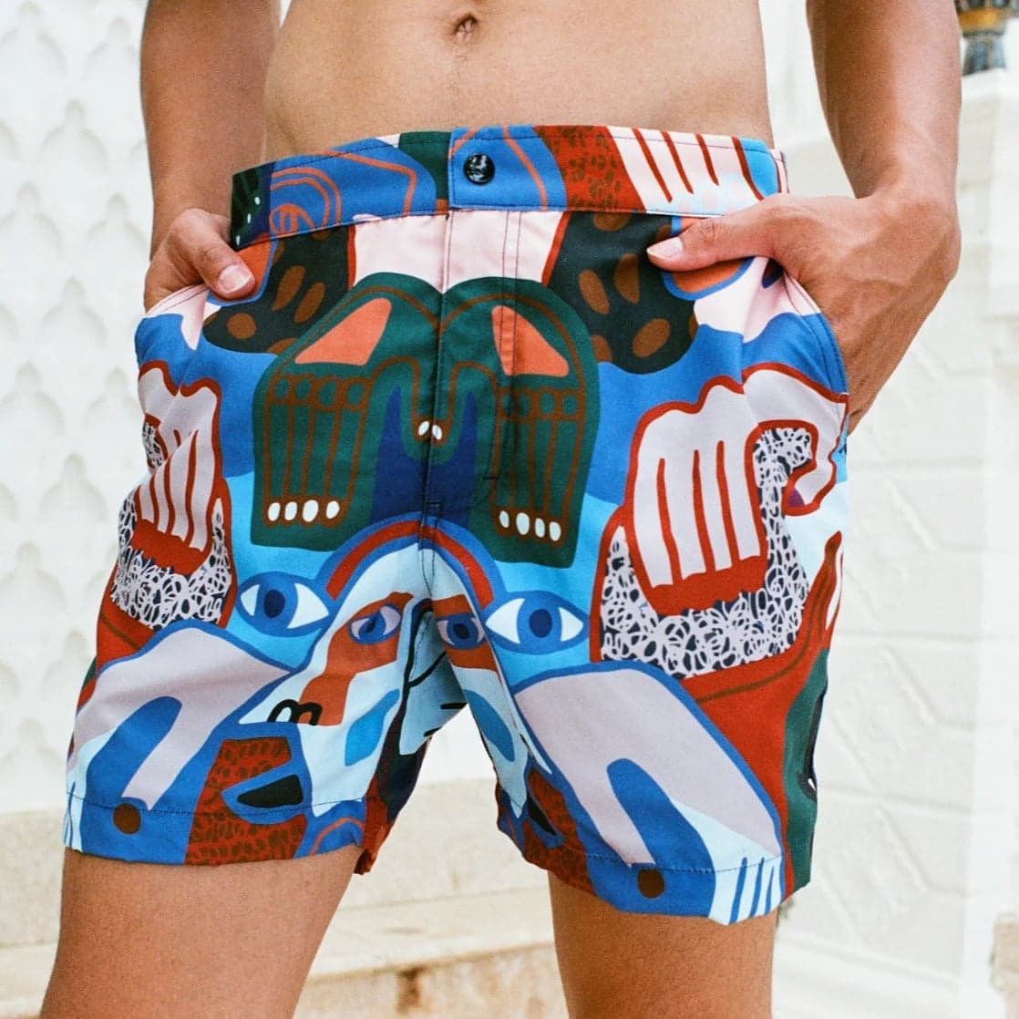 Close-up of the Sama Sama shorts being worn, front