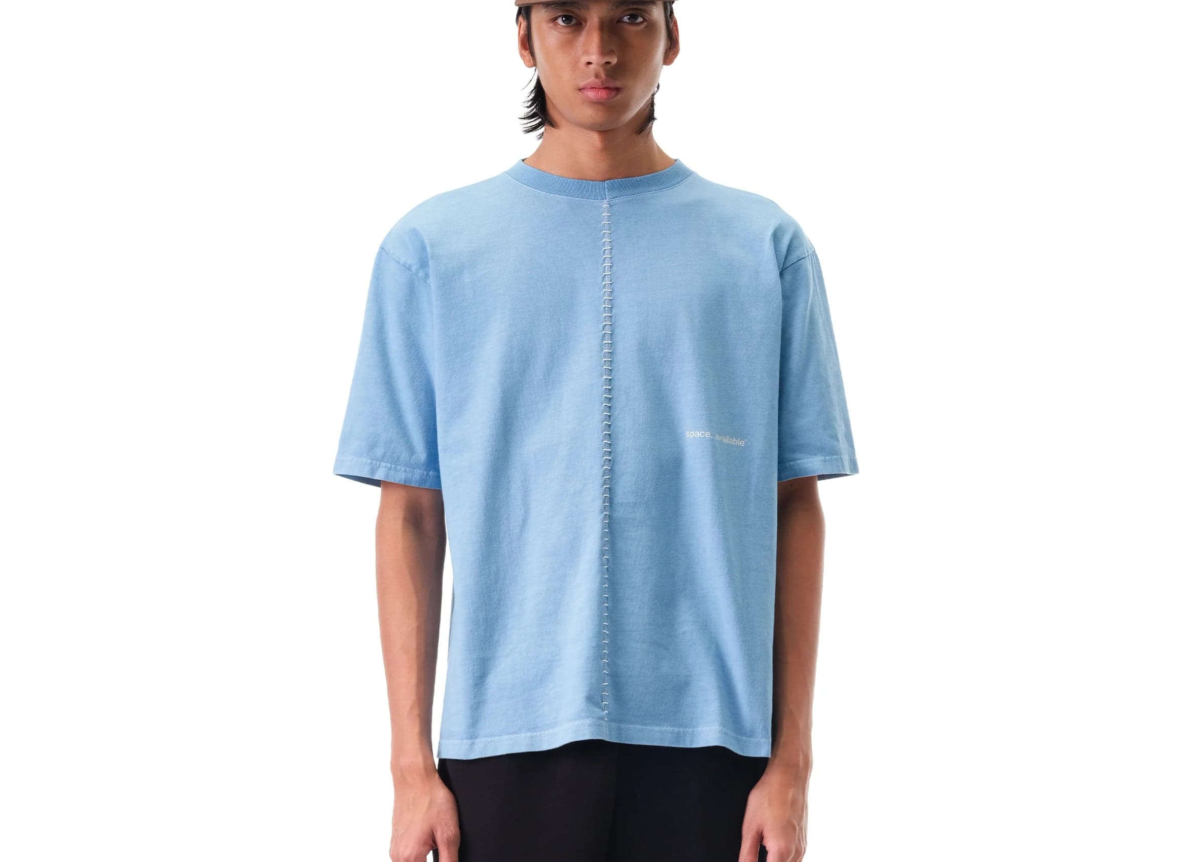 Model wearing the blue T-shirt, front