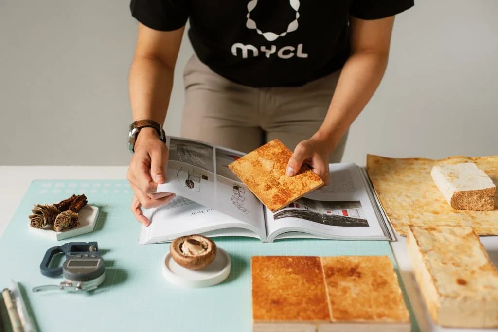Hands holding a mycelium sample over an open book, with more samples on the table